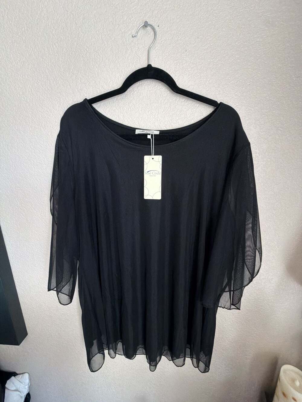 Sese Code Fashion Style Black Sheer Layered Flowing Top 3XL